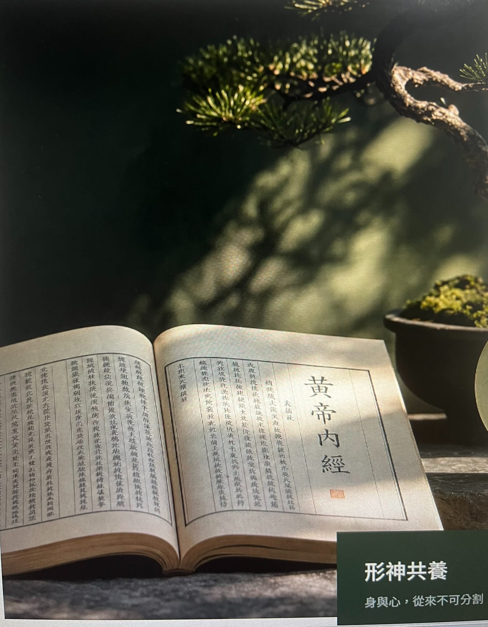 An open book of Chinese medicine in dappled light